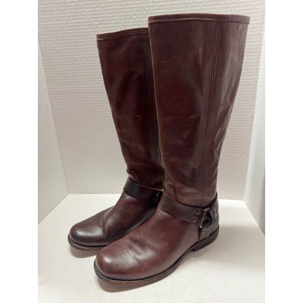 Frye Phillip Harness Tall Boots Dark Brown Leather Back Zip 7.5B 3476850